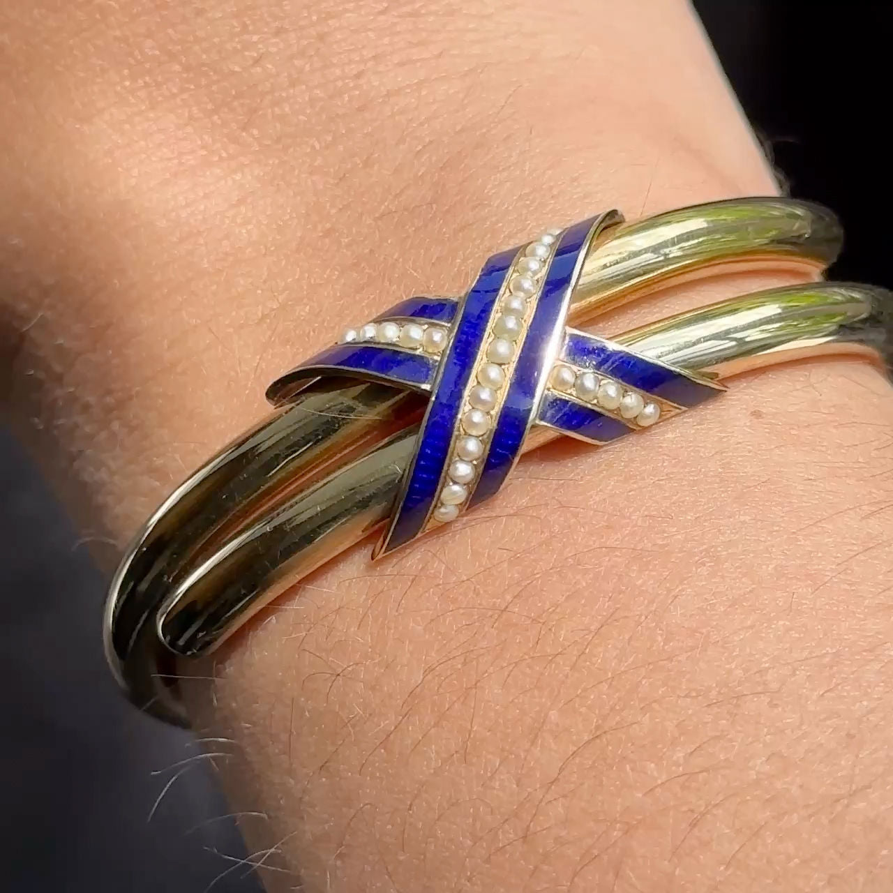 Victorian Antique Blue Enamel Pearl Gold Bangle Bracelet