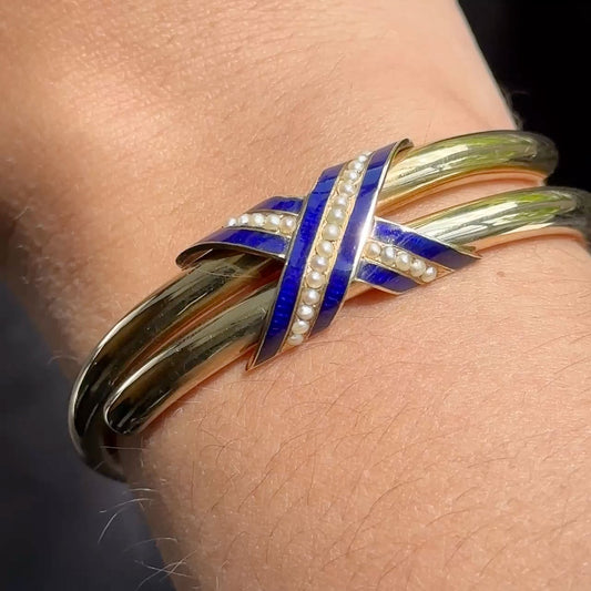 Victorian Antique Blue Enamel Pearl Gold Bangle Bracelet