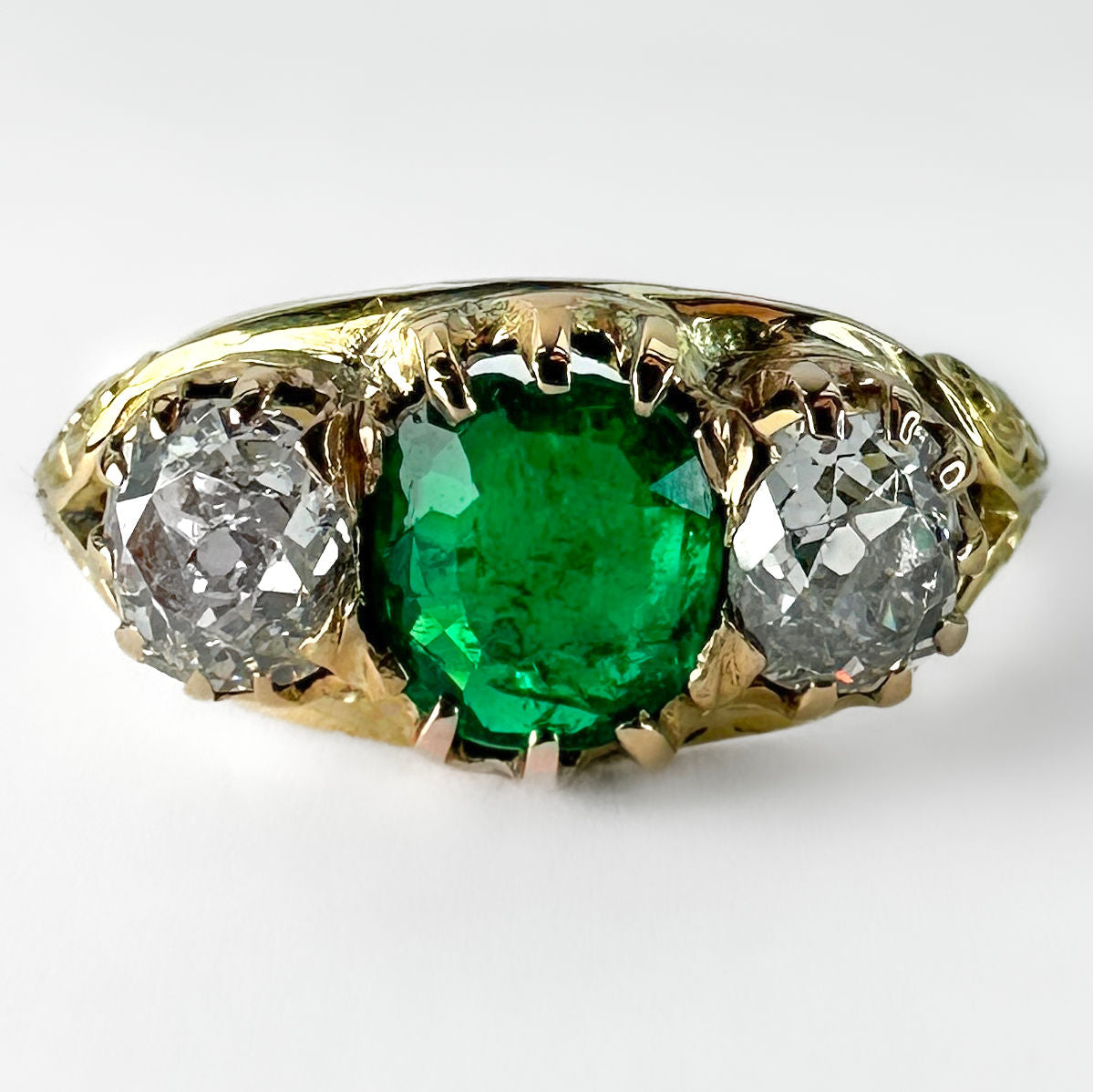 Antique Emerald Diamond 3 Stone Ring In 18 Carat Yellow Gold