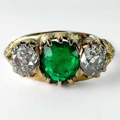 Antique Emerald Diamond 3 Stone Ring In 18 Carat Yellow Gold
