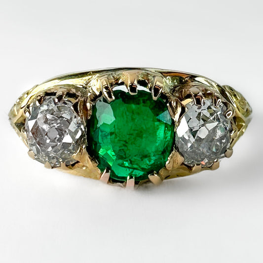 Antique Emerald Diamond 3 Stone Ring In 18 Carat Yellow Gold