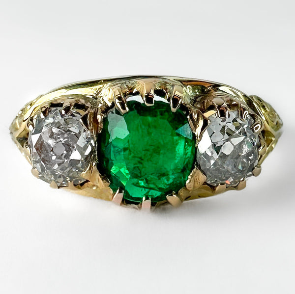 Antique Emerald Diamond 3 Stone Ring In 18 Carat Yellow Gold