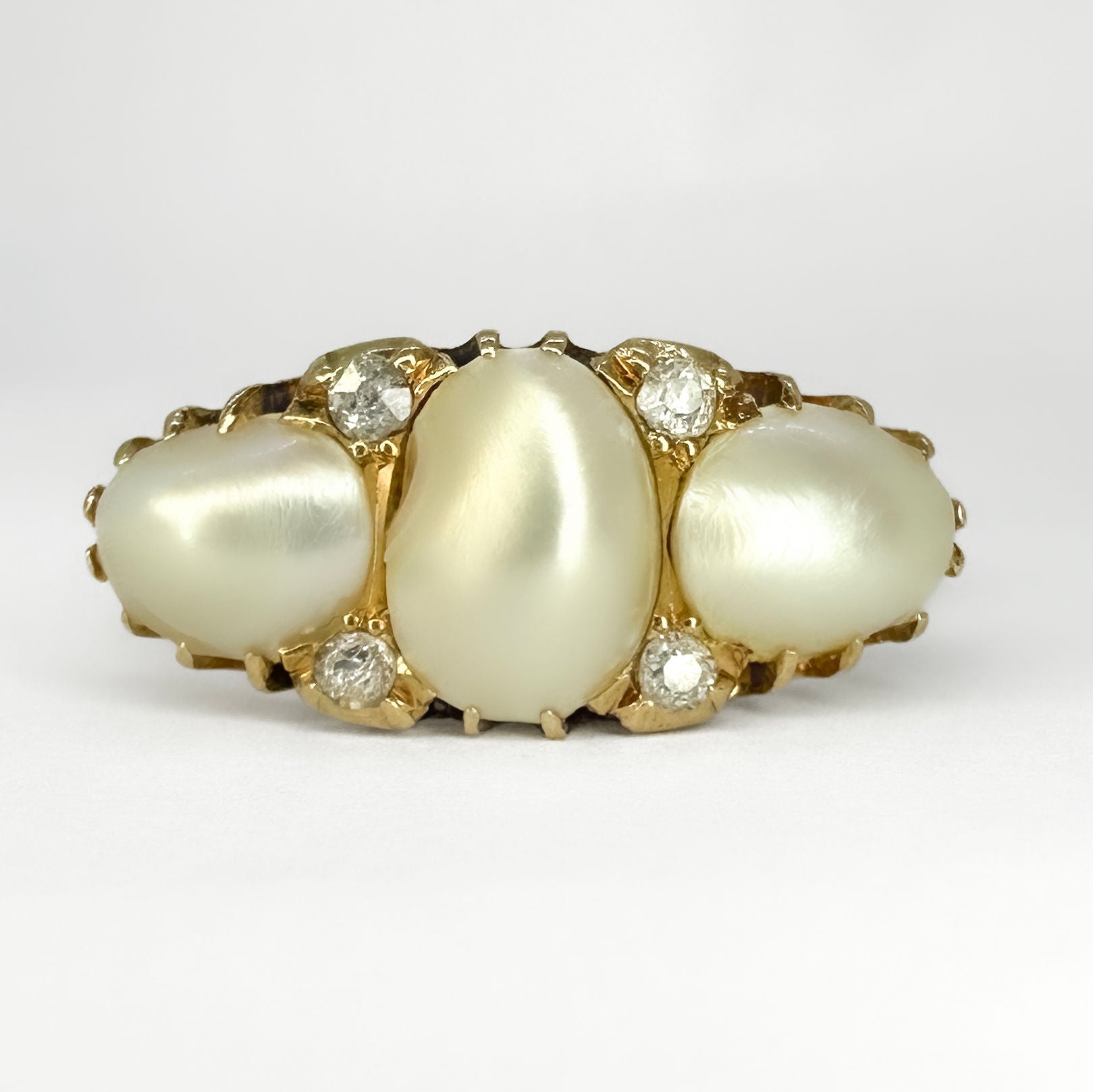 Victorian Antique Natural Pearl Three Stone Ring with Diamonds
