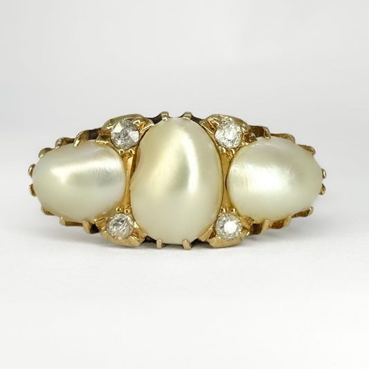 Victorian Antique Natural Pearl Three Stone Ring with Diamonds