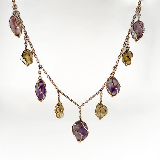 Arts and Crafts Baroque Pearl and Amethyst Drop Fringe Necklace