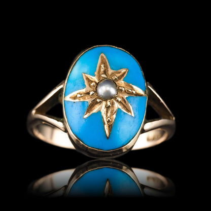 Antique Victorian Blue Enamel And Gold Star Pearl Ring 9 Carat Gold - circa 1880