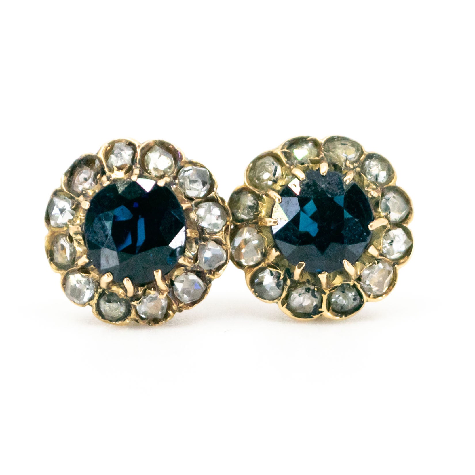 Antique 14 Carat Yellow Gold Sapphire and Rose-Cut Diamond Cluster Earrings