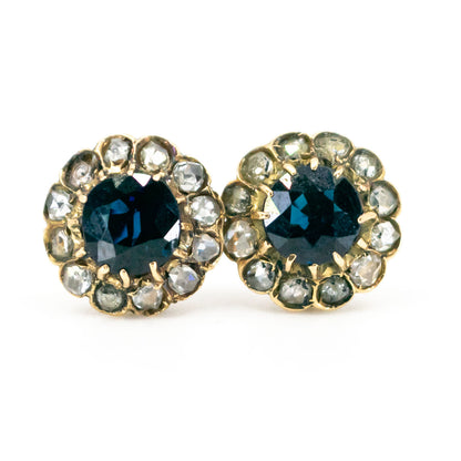 Antique 14 Carat Yellow Gold Sapphire and Rose-Cut Diamond Cluster Earrings