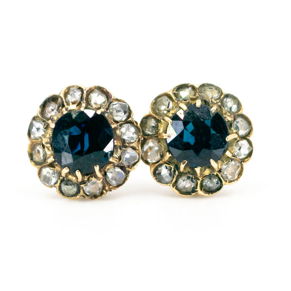 Antique 14 Carat Yellow Gold Sapphire and Rose-Cut Diamond Cluster Earrings