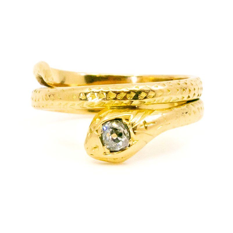 Antique Old Mine Cut Diamond Set Gold Snake Ring