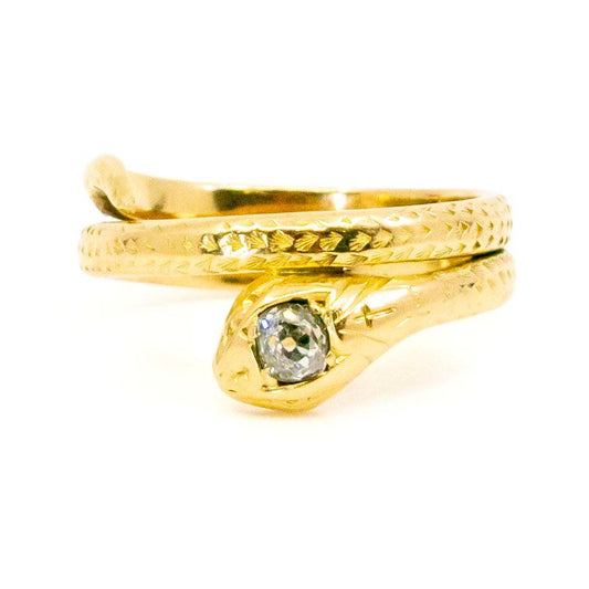 Antique Old Mine Cut Diamond Set Gold Snake Ring