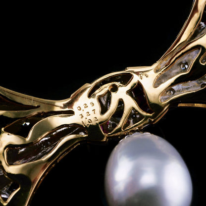A Fine Vintage 18ct Gold Ruby Diamond and Pearl Bow Necklace