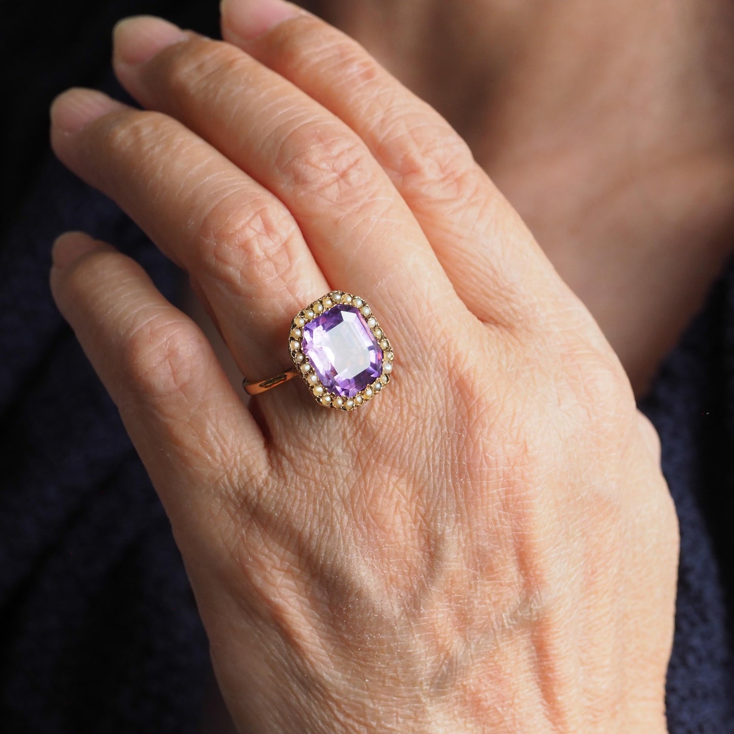Antique Edwardian 18K Gold Amethyst & Pearl Ring Emerald Cut - c.1900