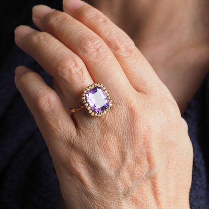 Antique Edwardian 18K Gold Amethyst & Pearl Ring Emerald Cut - c.1900