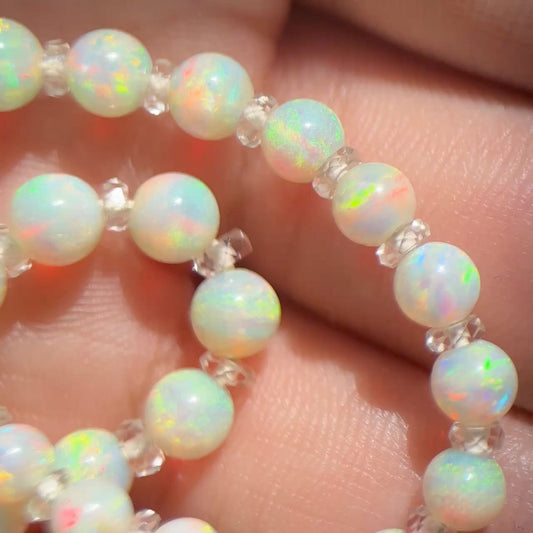 Edwardian Antique Graduated Opal Bead Necklace with Rock Crystal Spacers