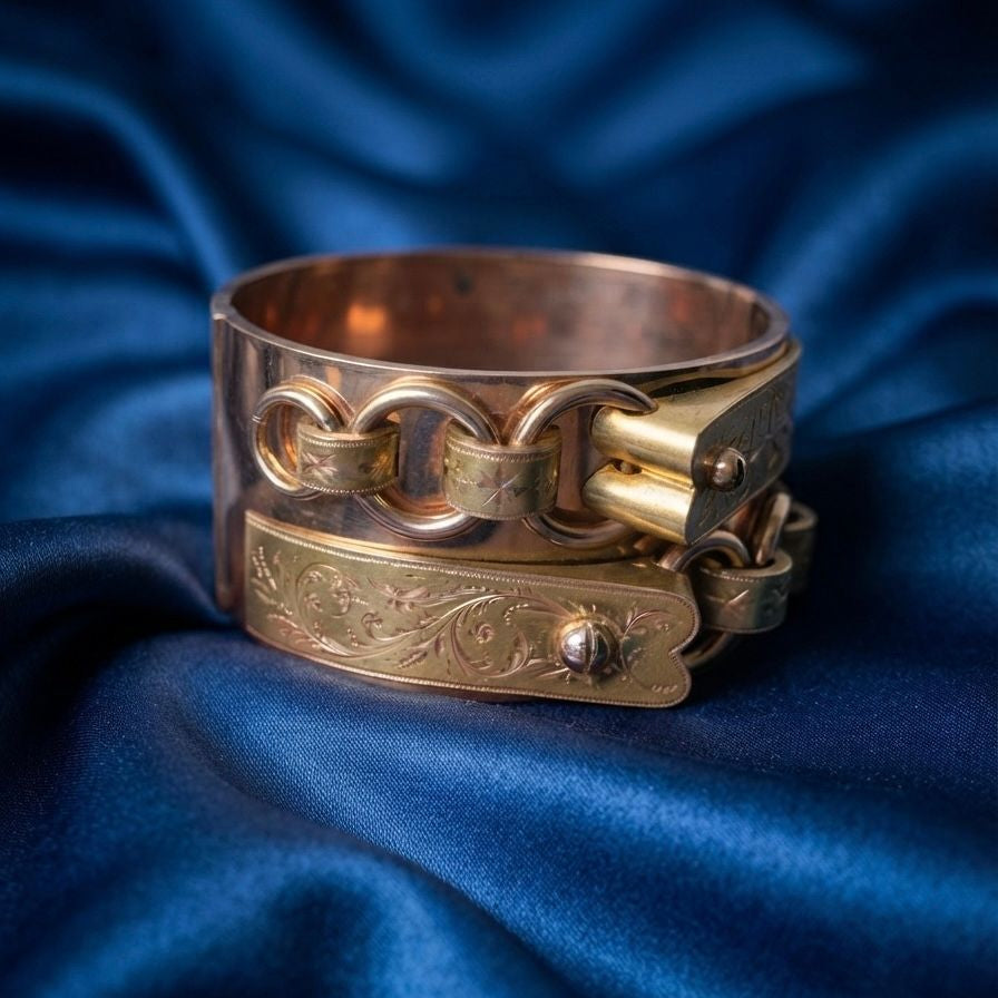 Victorian Antique Yellow Gold Wide Buckle Cuff Bangle Bracelet, Circa 1850