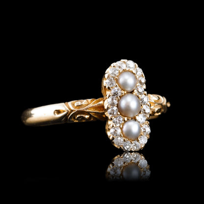 Antique Victorian Diamond and Pearl Triple Cluster Ring 18ct Gold - c.1900