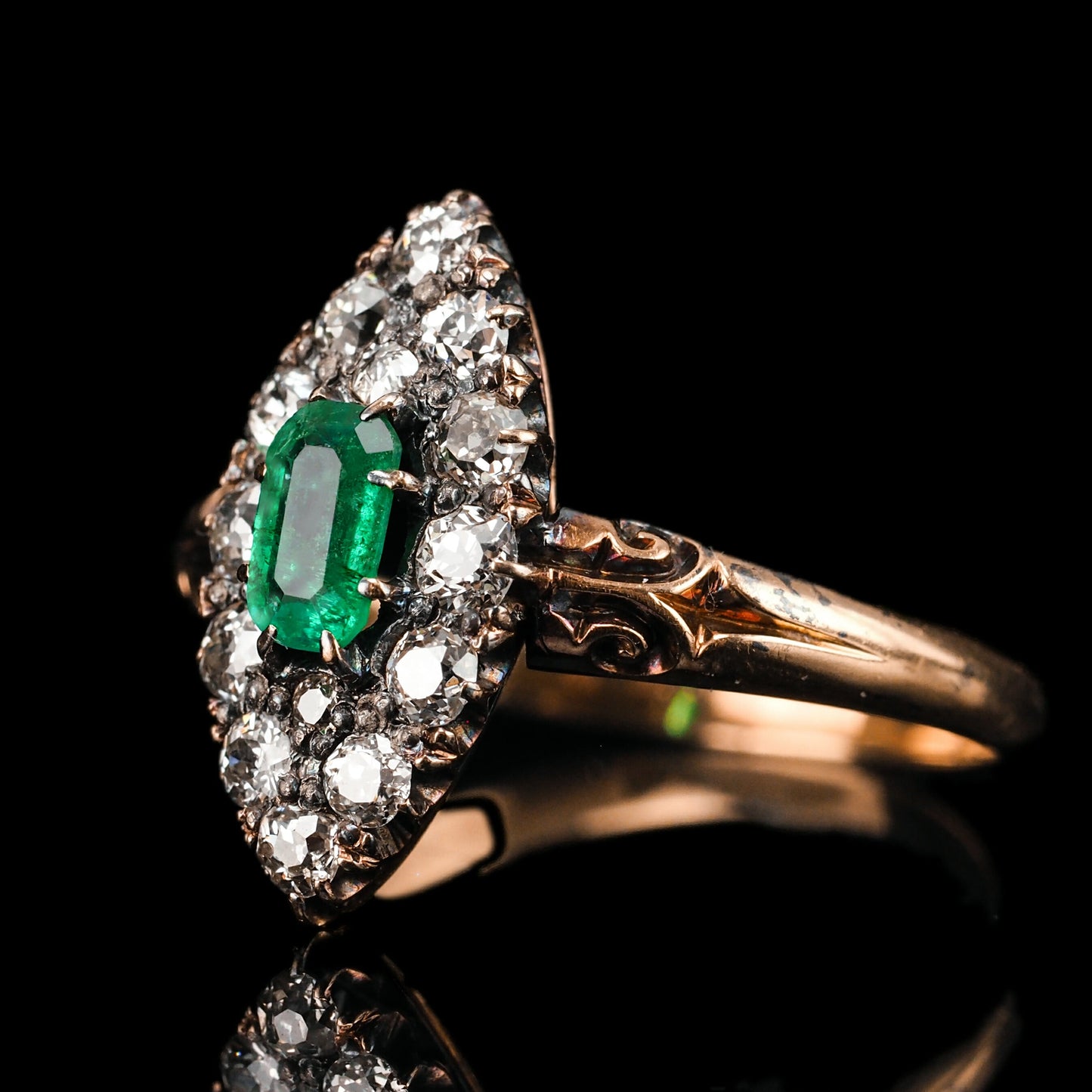 Antique Victorian 18 Carat Gold Emerald Amd Diamond Navette Cluster Ring - circa 1880