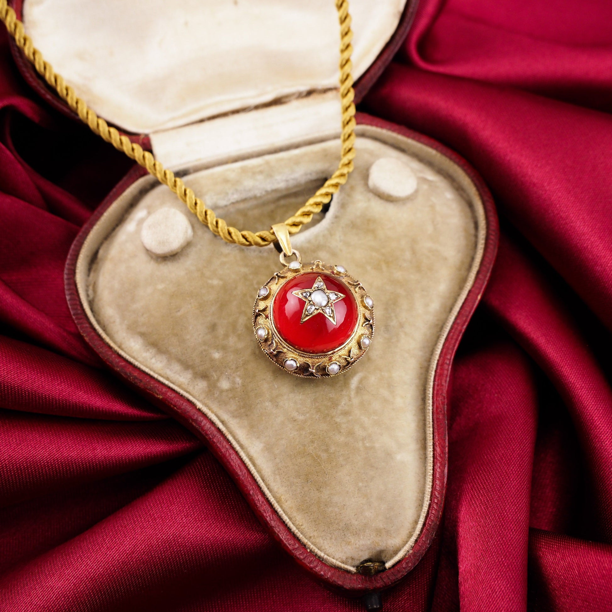 Antique Victorian Diamond & Pearl Star Necklace with Red Rock Crystal Cabochon 15ct Gold - c.1880