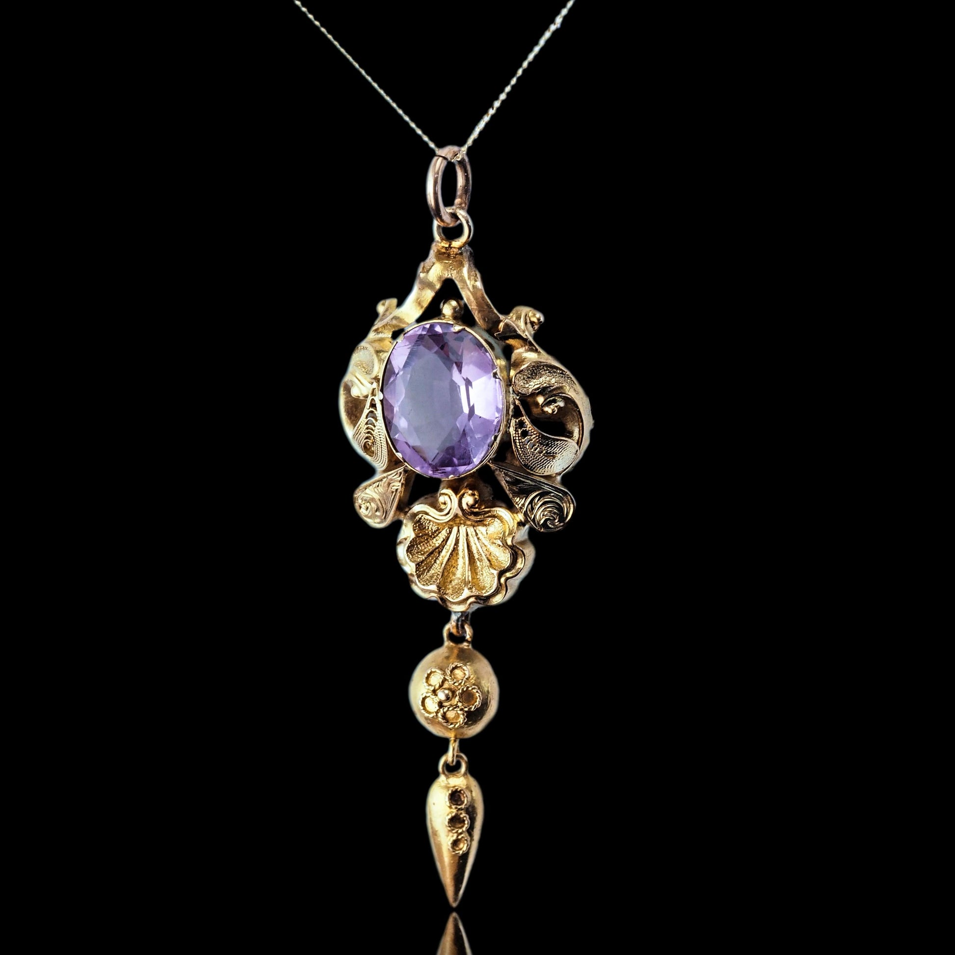 Antique Victorian Amethyst Pendant Necklace 14K Gold - 19th c.