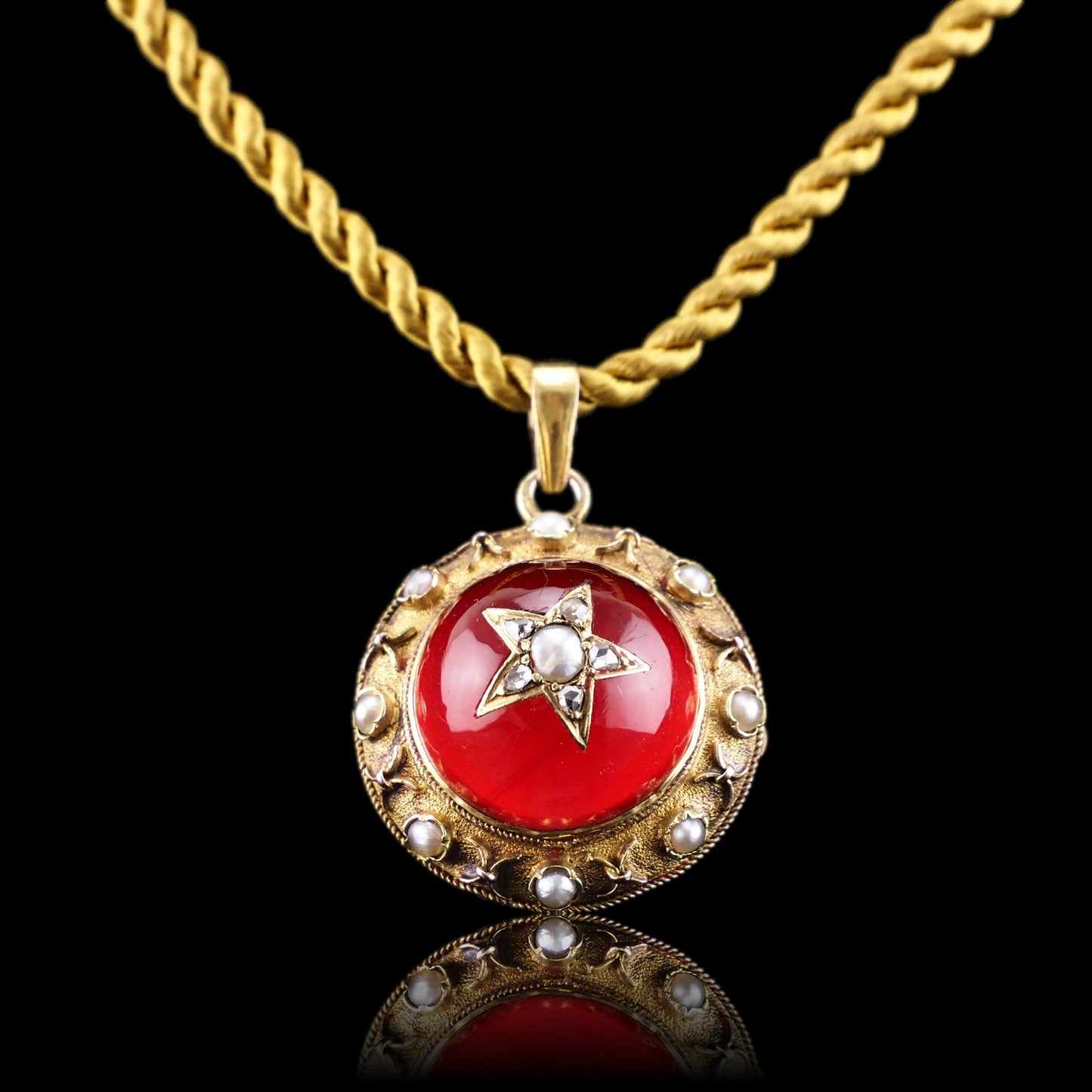 Antique Victorian Diamond & Pearl Star Necklace with Red Rock Crystal Cabochon 15ct Gold - c.1880