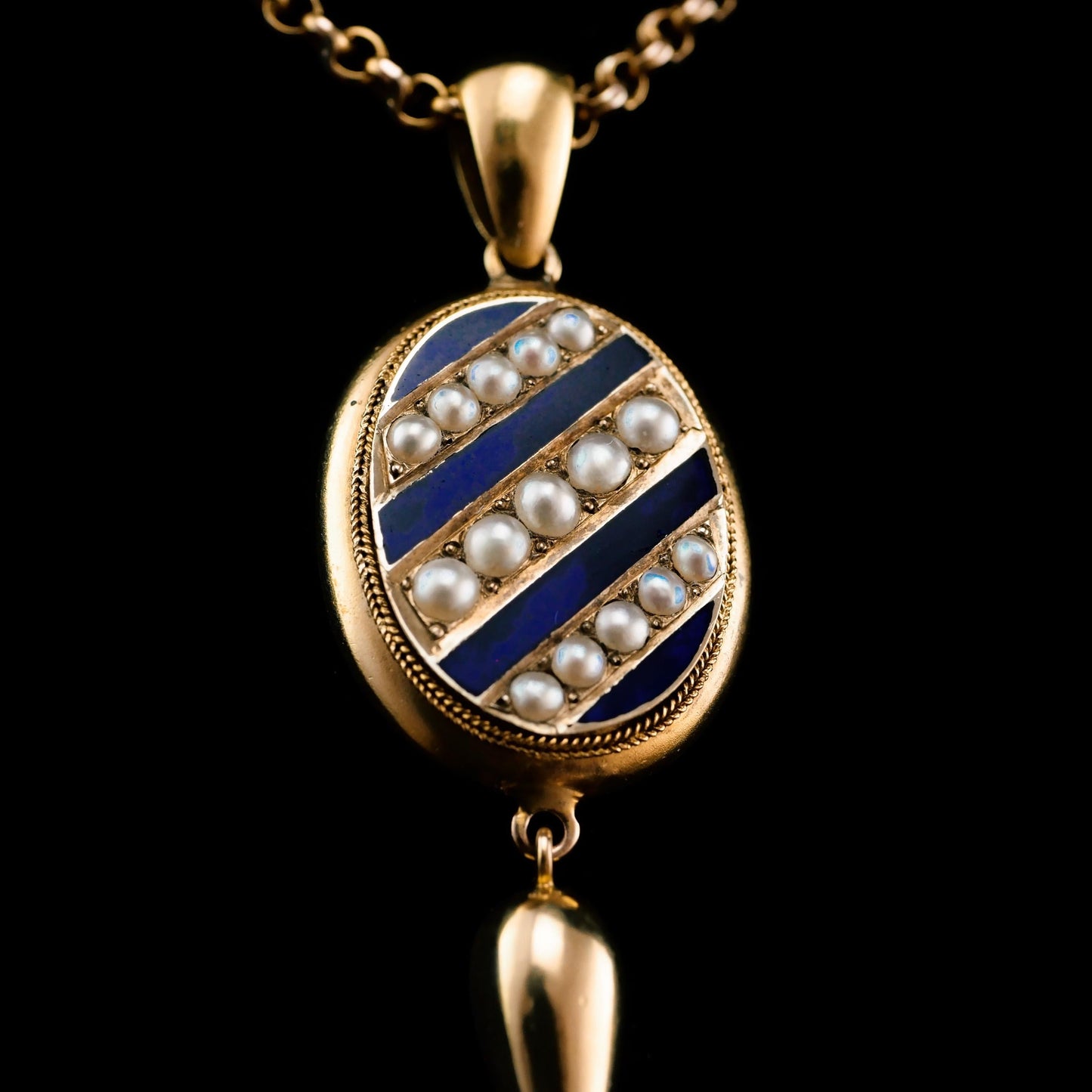 Antique Victorian 15ct Gold Blue Enamel and Pearl Pendant Locket Necklace - c.1880