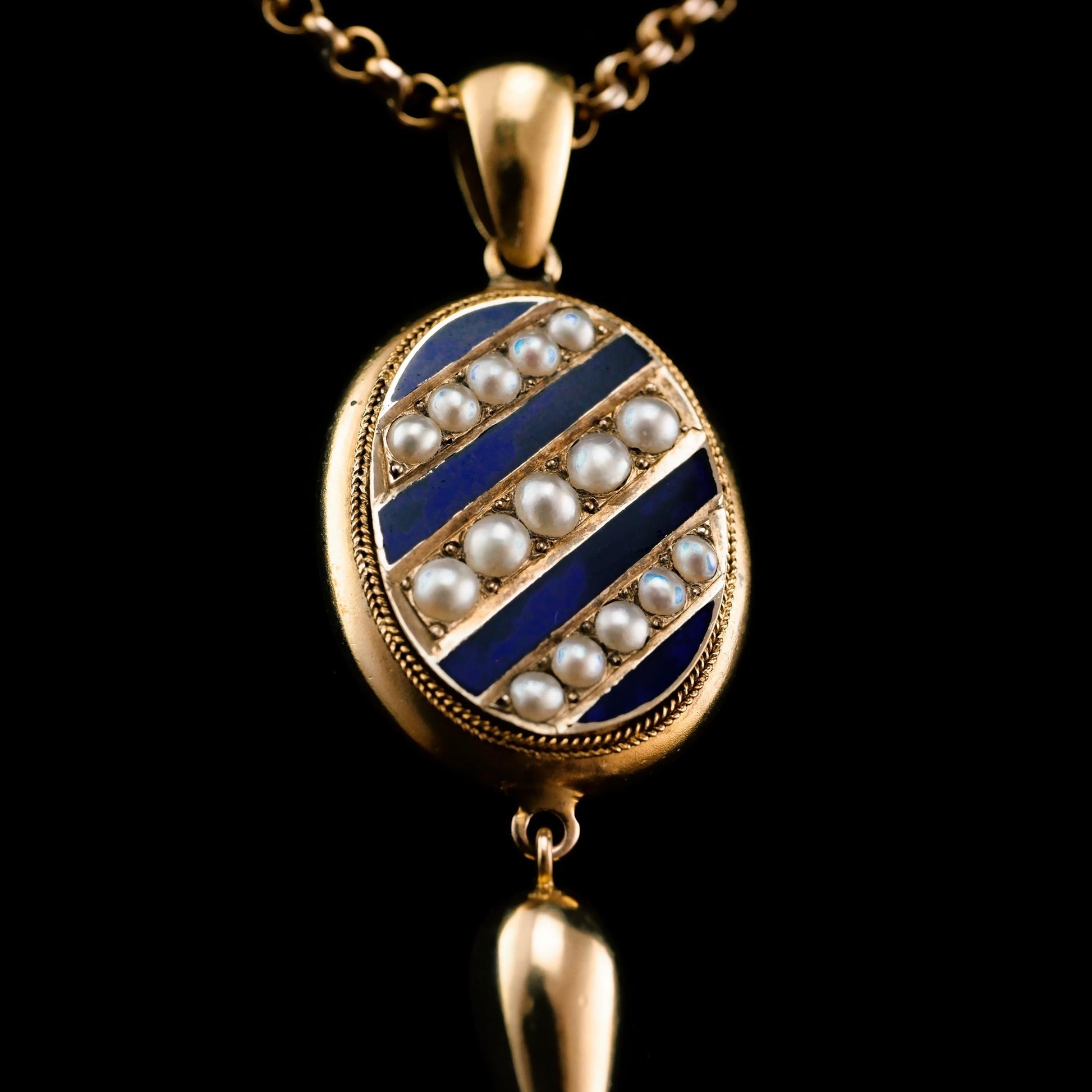 Antique Victorian 15ct Gold Blue Enamel and Pearl Pendant Locket Necklace - c.1880