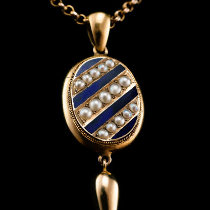 Antique Victorian 15ct Gold Blue Enamel and Pearl Pendant Locket Necklace - c.1880