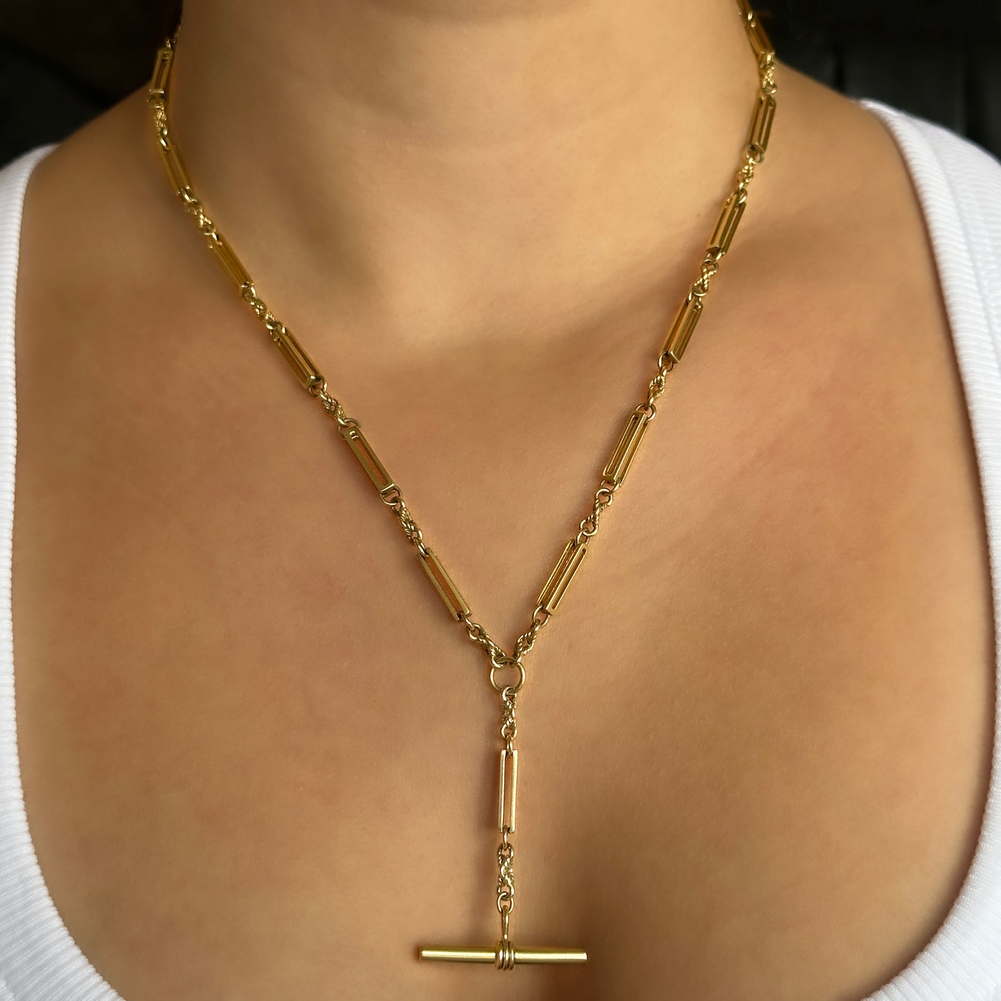 Edwardian Antique Double Trombone Box Link Long Albert Chain Necklace 20.25"