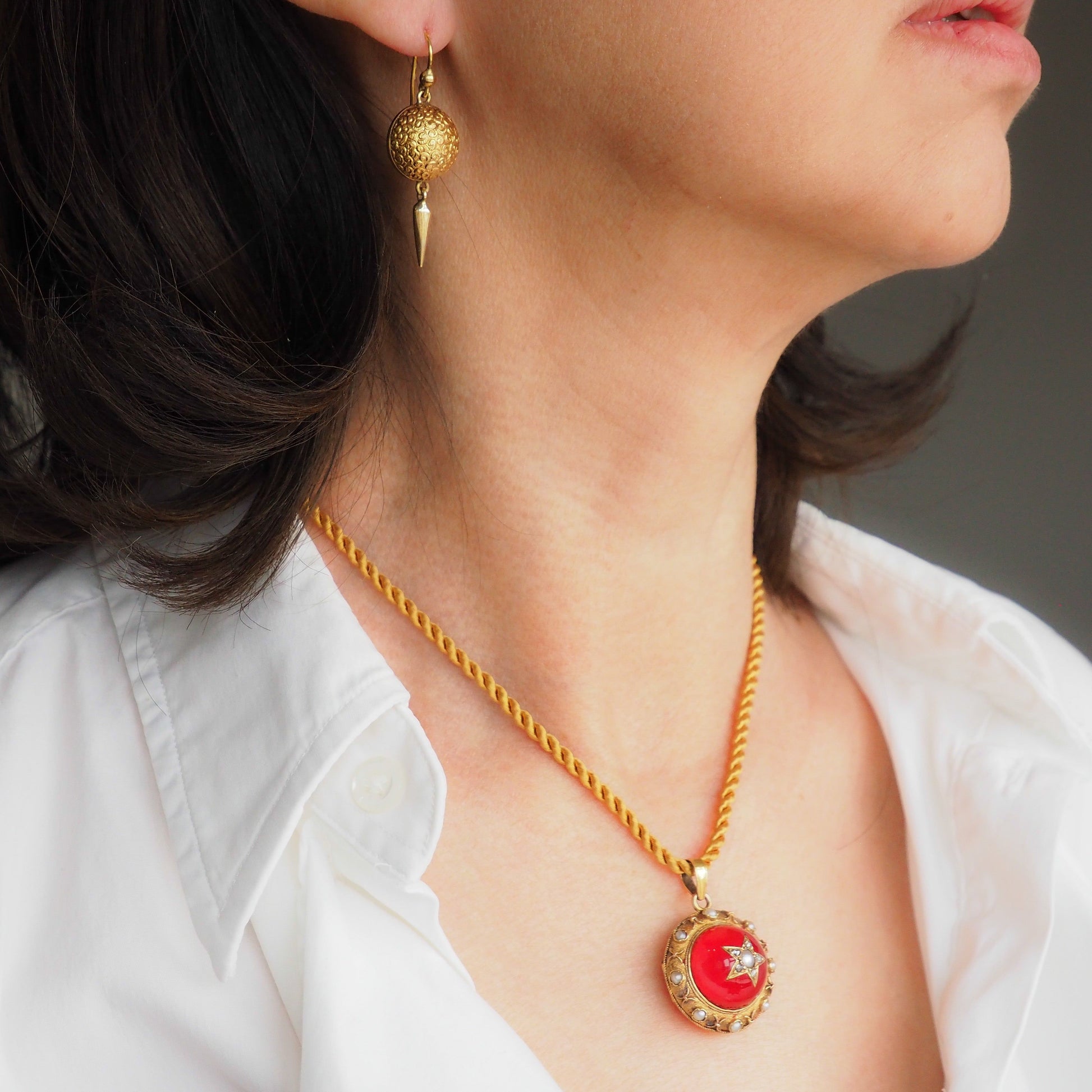 Antique Victorian Diamond & Pearl Star Necklace with Red Rock Crystal Cabochon 15ct Gold - c.1880