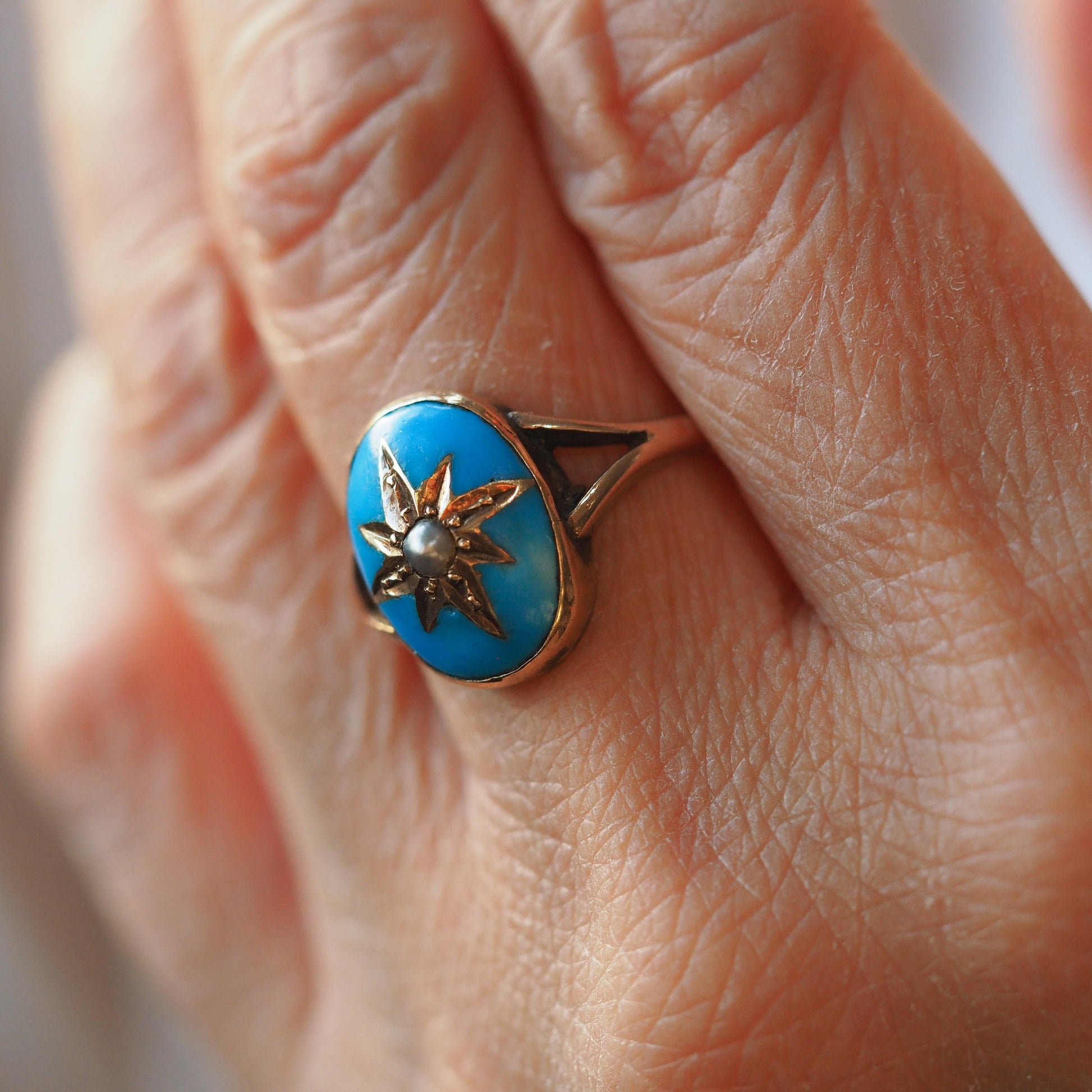 Antique Victorian Blue Enamel & Gold Star Pearl Ring 9K Gold - c.1880