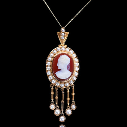 Antique Victorian Cameo and Pearl Cluster Pendant Necklace, Circa 1880