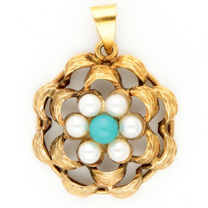 Vintage 14 Carat Yellow Gold, Turquoise and Pearl Cluster Pendant