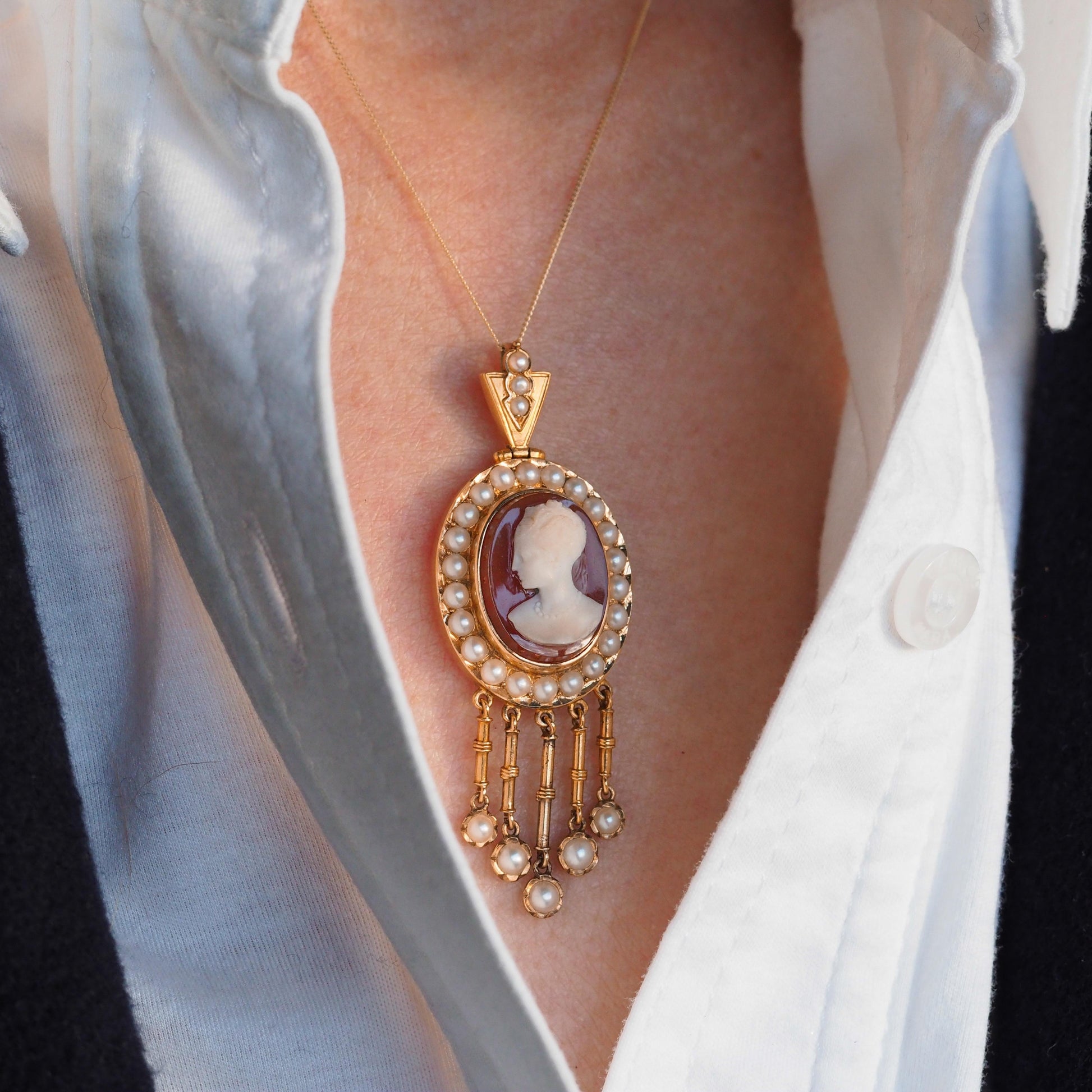 Antique Victorian Cameo and Pearl Cluster Pendant Necklace, Circa 1880