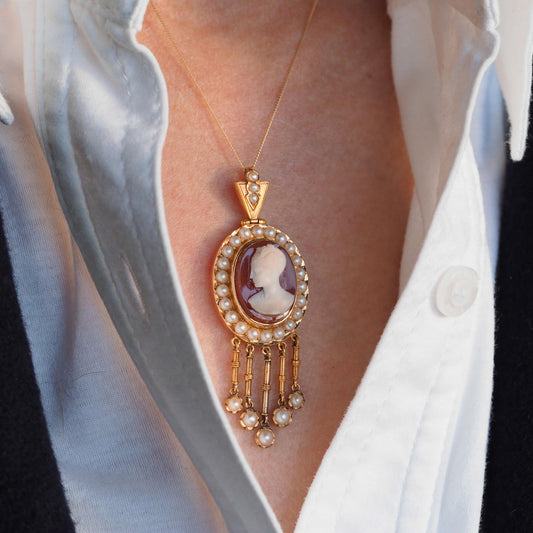 Antique Victorian Cameo and Pearl Cluster Pendant Necklace, Circa 1880