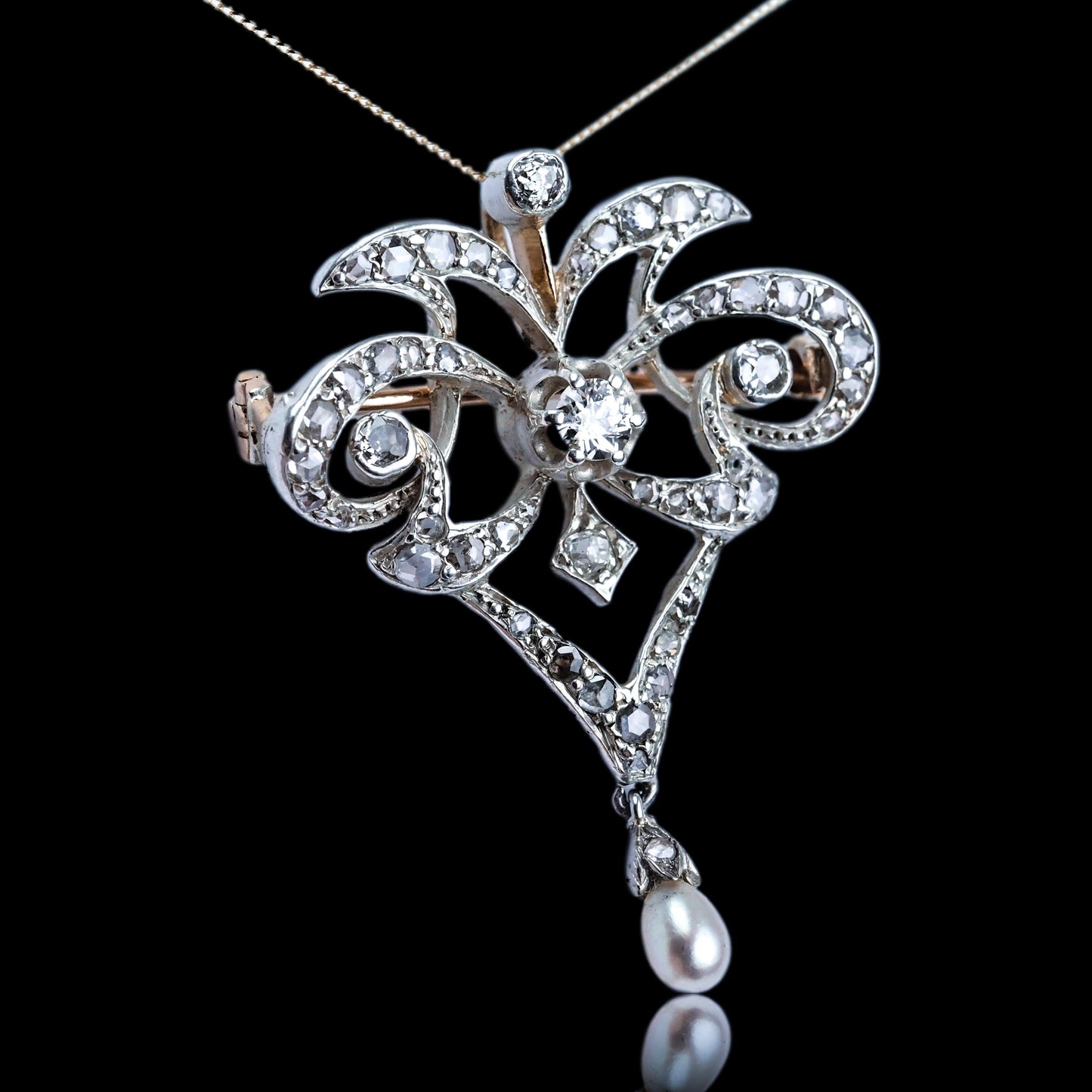 Antique Diamond and Pearl Necklace Lavalier Pendant come Brooch
