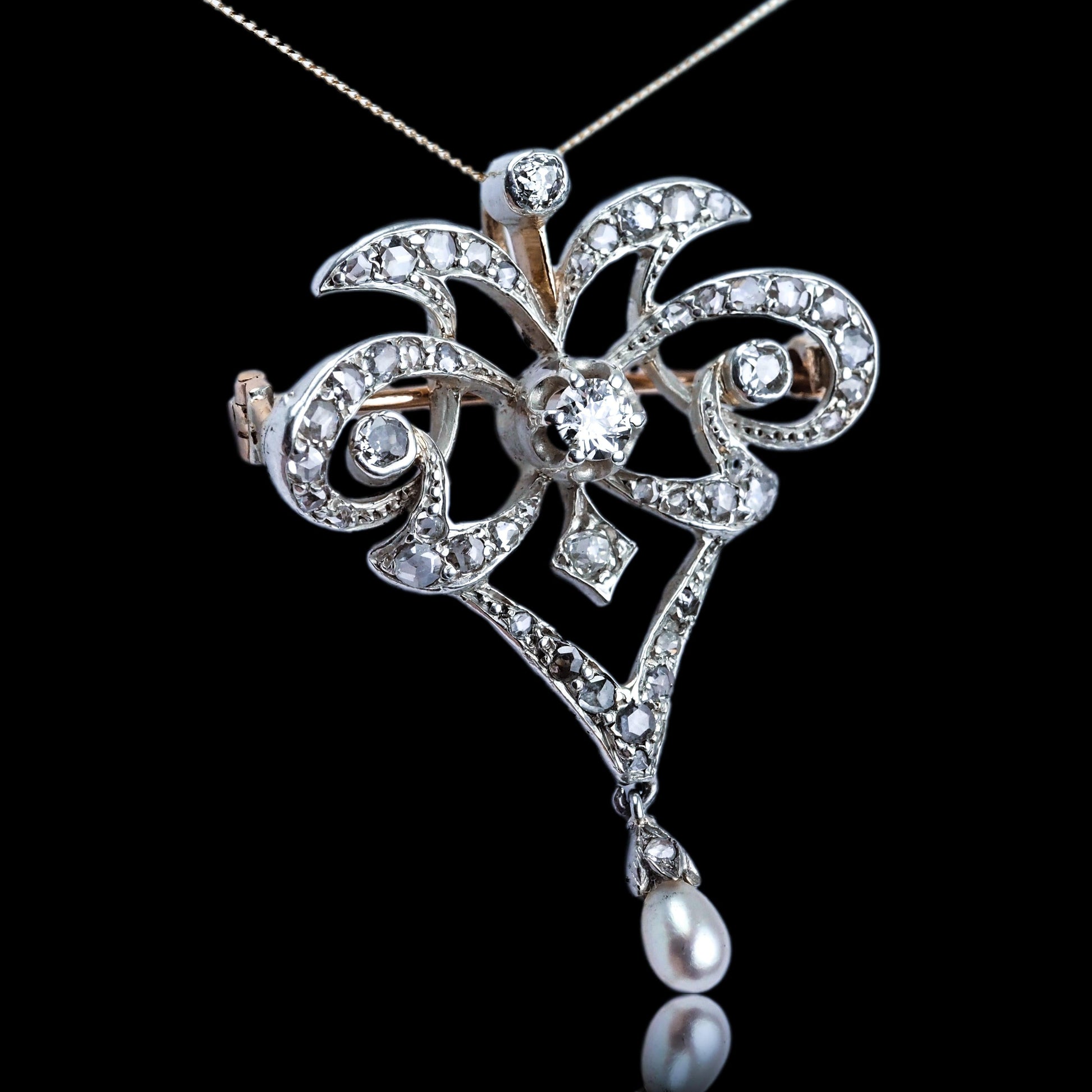Antique Diamond and Pearl Necklace Lavalier Pendant come Brooch