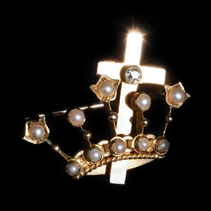 Antique Crown/Coronet Brooch Diamond & Pearls with Cross 15K Gold - c.1890