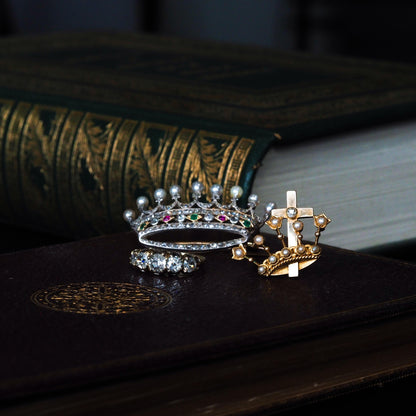 Antique Crown/Coronet Brooch Diamond & Pearls with Cross 15K Gold - c.1890
