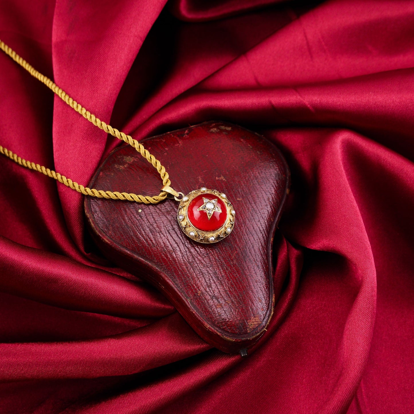 Antique Victorian Diamond & Pearl Star Necklace with Red Rock Crystal Cabochon 15ct Gold - c.1880
