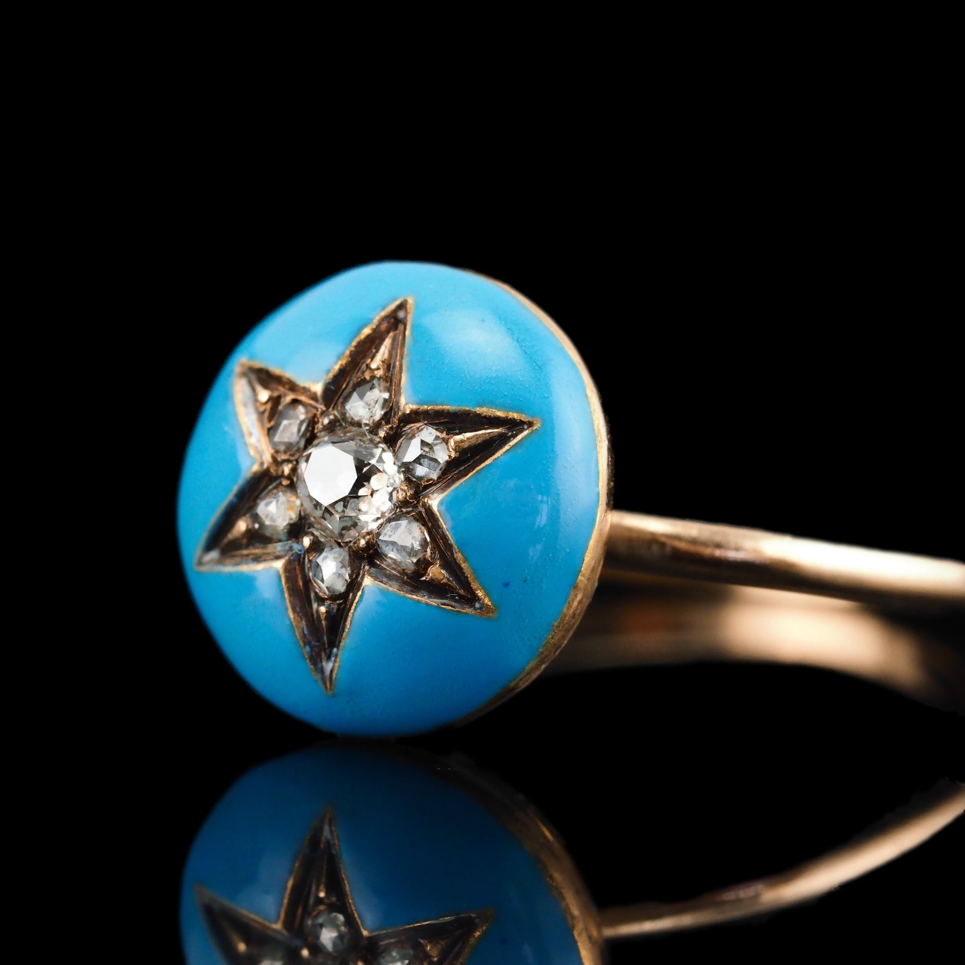 Antique Victorian Diamond Star Ring 9ct Gold Blue Enamel Cabochon - c.1890