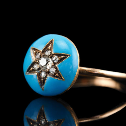 Antique Victorian Diamond Star Ring 9ct Gold Blue Enamel Cabochon - c.1890