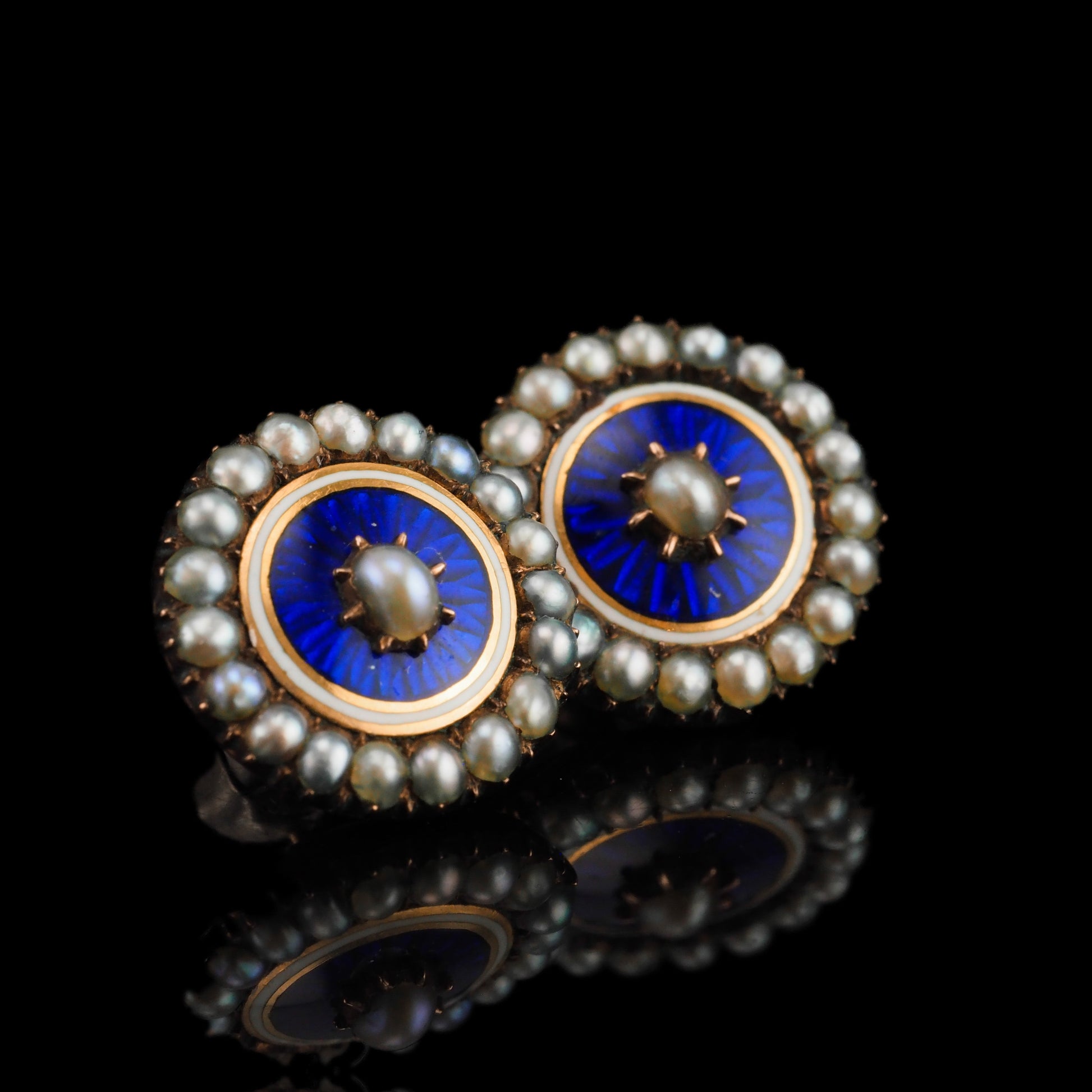 Antique Georgian Gold Earrings with Blue Enamel Guilloche and Seed Pearl Cluster 'Target' Design - c.1800