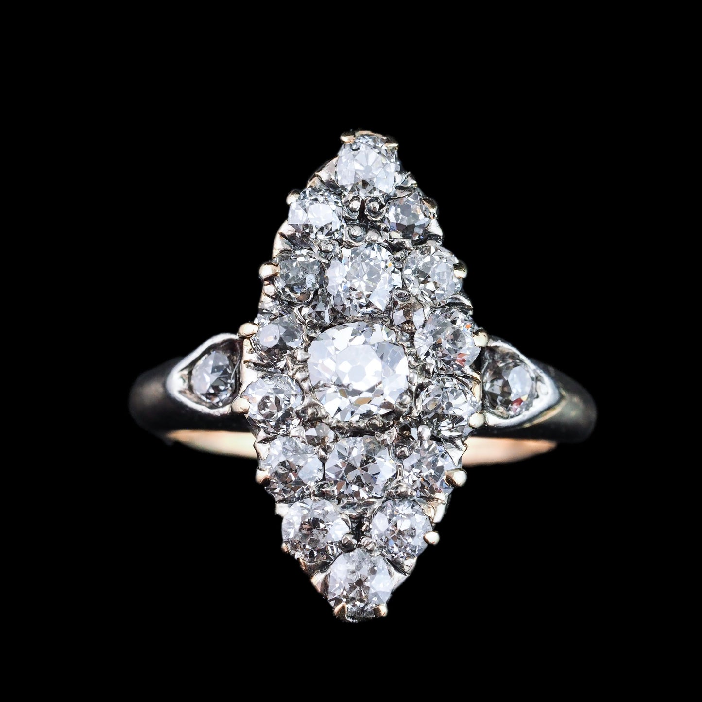 Antique Victorian Diamond Ring Navette Design Over 1 Carat Total - circa 1890