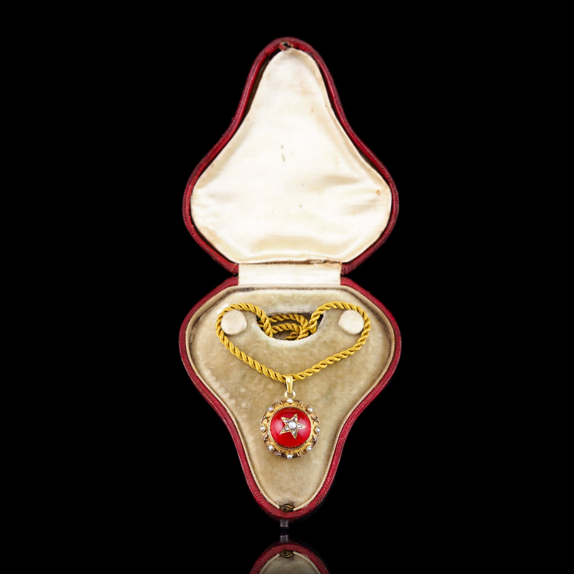 Antique Victorian Diamond & Pearl Star Necklace with Red Rock Crystal Cabochon 15ct Gold - c.1880