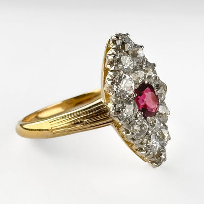 Antique Burma Ruby and Old Cut Diamond Marquise Cluster Ring