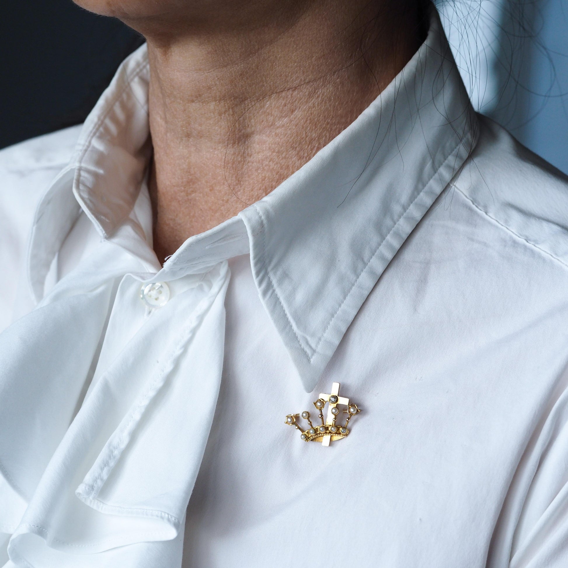 Antique Crown/Coronet Brooch Diamond & Pearls with Cross 15K Gold - c.1890
