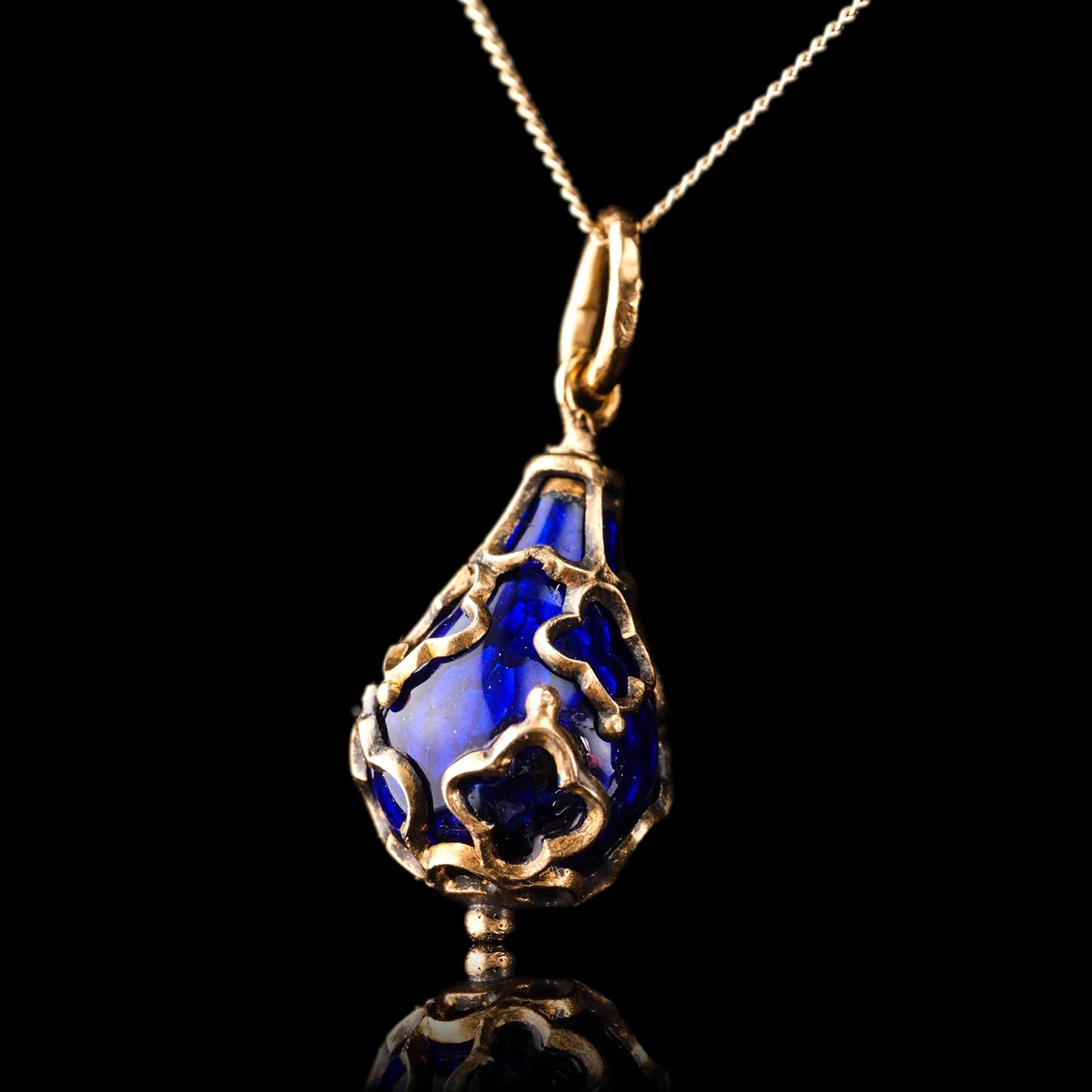 Antique Blue Enamel Guilloche Drop Pendant in 15ct Gold