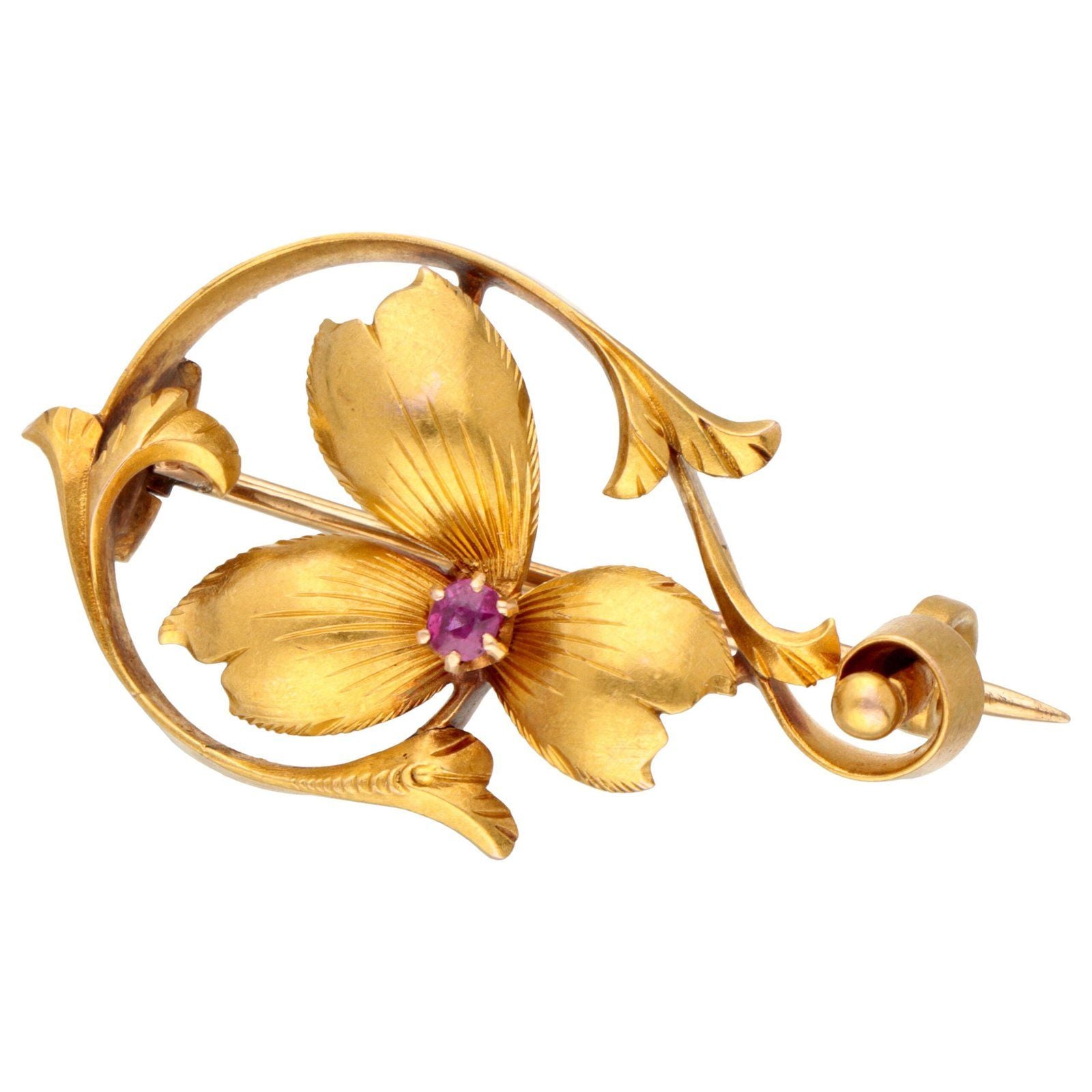 A yellow gold flower brooch with a pink sapphire centre
