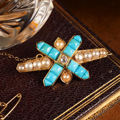 Stunning Antique Victorian 14K Gold Turquoise, Pearl & Diamond Brooch